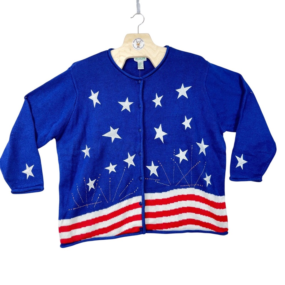 Quaker Factory Patriotic Star American Flag Fireworks Knit‎ Cardigan Sweater 3X